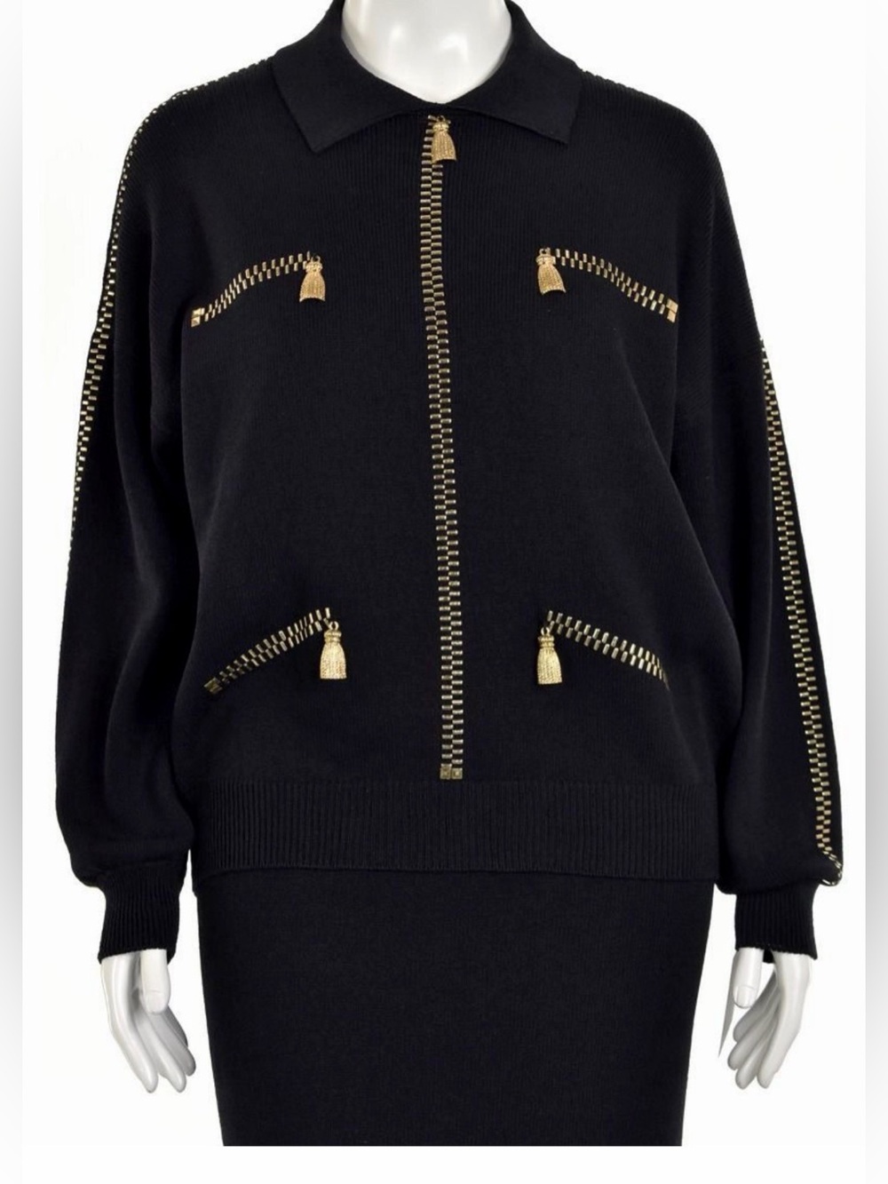 St. John Black Knit Top with Gold Tassel Zipper Size Small